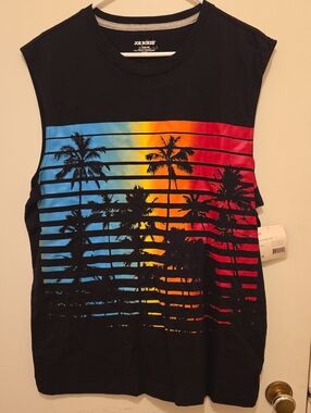 Men's Vintage Joe Boxer Black Muscle Tee- With Tropical Print, NWT.